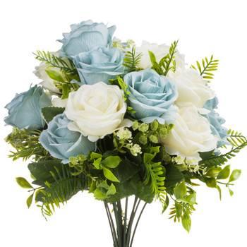 18 Heads Cream Blue Silk Rose Flower in Clear Glass Vase With Faux Water and River Stone