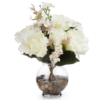 Cream Mixed Silk Rose Flower  Arrangement in  Glass Vase With Faux Water and River Stone