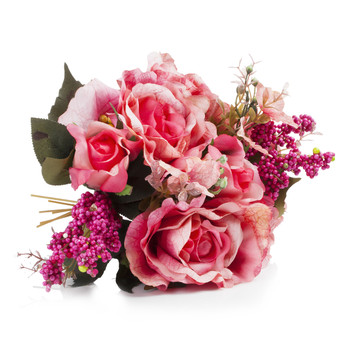 Pink Mixed Silk Rose Flower  Arrangement in  Glass Vase With Faux Water and River Stone