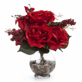 Red Mixed Silk Rose Flower  Arrangement in  Glass Vase With Faux Water and River Stone