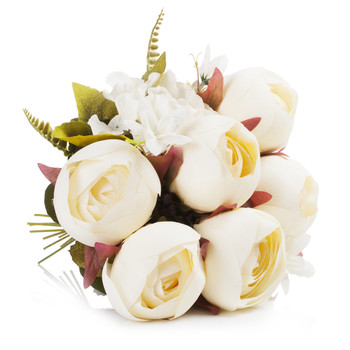 Beige Mixed Silk Peony and Hydrangea Flower in  Glass Vase With Faux Water and River Stone