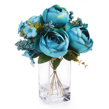 Aqua Mixed Silk Peony Flower in  Glass Vase With Faux Water