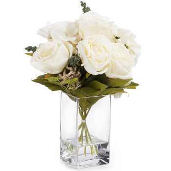 Cream Mixed Silk Rose and Hydrangea Flower in  Glass Vase With Faux Water