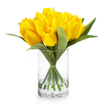18 Head Yellow Silk Tulip Flower in  Glass Vase With Faux Water