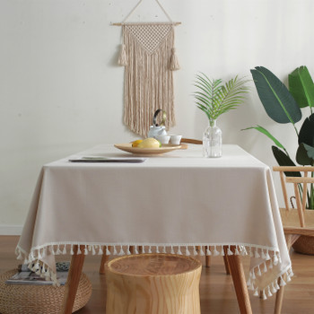 High Quality Cream Rectangle Cotton and Linen Tablecloth 