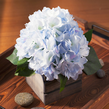 Azure Silk Hydrangea Flower Arrangement in Wood Planter
