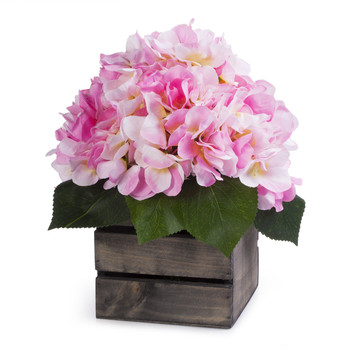 Pink Silk Hydrangea Flower Arrangement in Wood Planter
