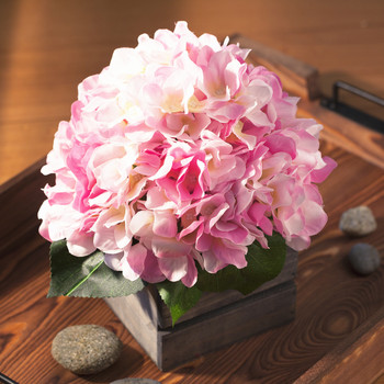 Pink Silk Hydrangea Flower Arrangement in Wood Planter