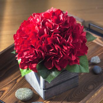 Red Silk Hydrangea Flower Arrangement in Wood Planter