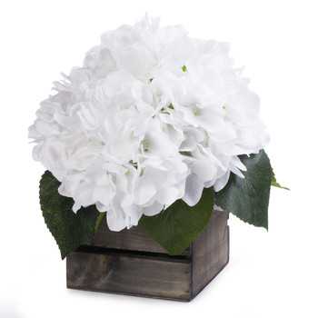 White Silk Hydrangea Flower Arrangement in Wood Planter