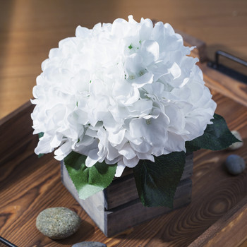 White Silk Hydrangea Flower Arrangement in Wood Planter
