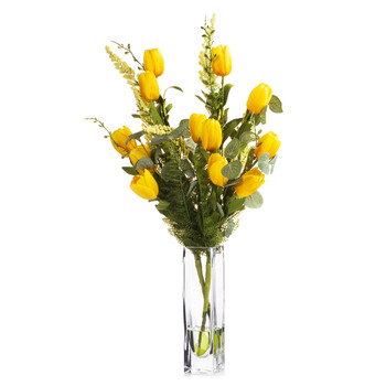  Yellow Mixed Silk Tulip Flower in Clear Glass Vase With Faux Water