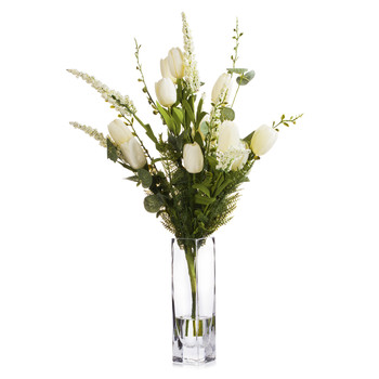 Cream Mixed Silk Tulip Flower in Clear Glass Vase With Faux Water