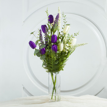 Purple Cream Mixed Silk Tulip Flower in Clear Glass Vase With Faux Water