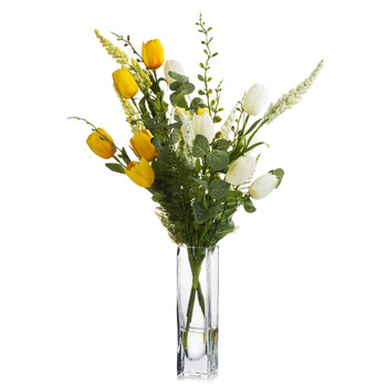 Yellow Cream Mixed Silk Tulip Flower in Clear Glass Vase With Faux Water