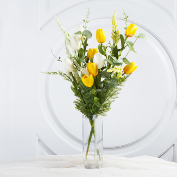 Yellow Cream Mixed Silk Tulip Flower in Clear Glass Vase With Faux Water