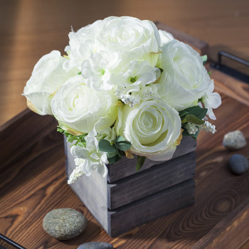 Cream Mixed Rose Flower Arrangement in Wood Planter