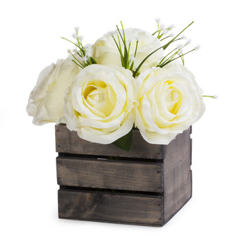 Cream Mixed Rose Flower Arrangement With Wood Planter
