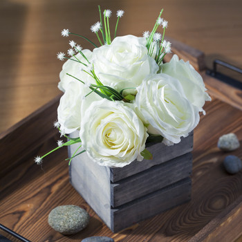 Cream Mixed Rose Flower Arrangement With Wood Planter