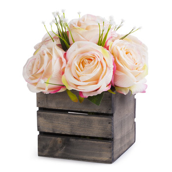 Pink Mixed Rose Flower Arrangement With Wood Planter