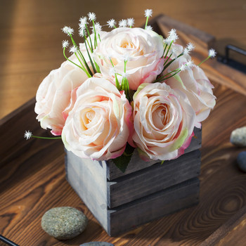 Pink Mixed Rose Flower Arrangement With Wood Planter