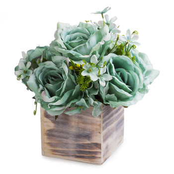 Aqua Mixed Rose Flower Arrangement in Natural Wood Planter