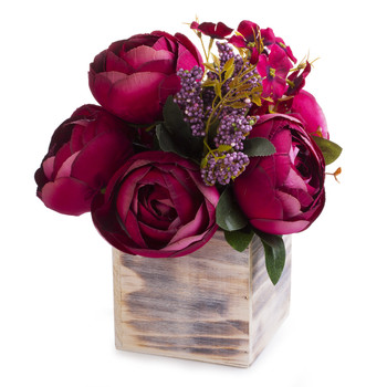 Wine Mixed Peony Flower Arrangement in Natural Wood Planter