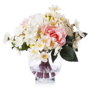  Mixed Pink Silk Rose Flower Arrangement in Clear Glass Vase With Faux Water