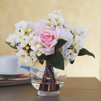  Mixed Pink Silk Rose Flower Arrangement in Clear Glass Vase With Faux Water