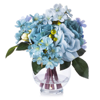 Mixed Blue Silk Rose Flower Arrangement in Clear Glass Vase With Faux Water