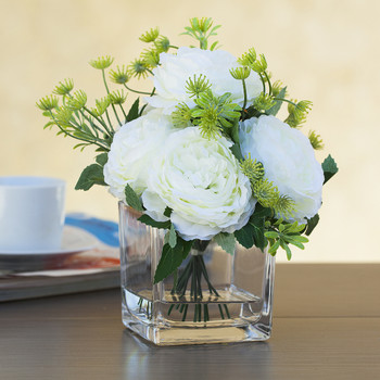 Mixed Cream Silk Peony Flower in  Cube Glass Vase With Faux Water