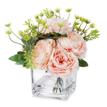  Mixed Pink Silk Peony Flower in  Cube Glass Vase With Faux Water