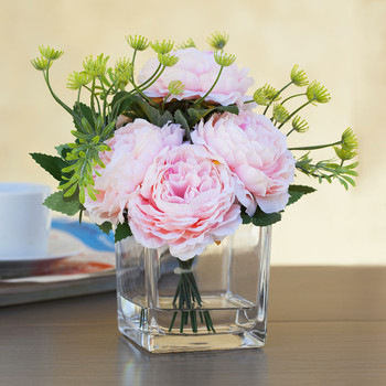 Mixed Pink Silk Peony Flower in  Cube Glass Vase With Faux Water