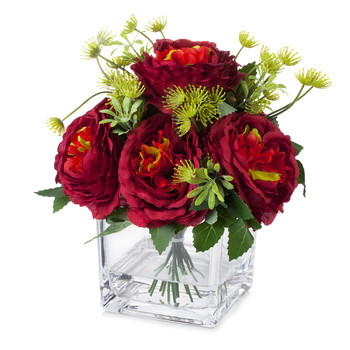  Mixed Red Silk Peony Flower in  Cube Glass Vase With Faux Water