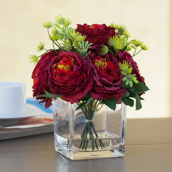  Mixed Red Silk Peony Flower in  Cube Glass Vase With Faux Water