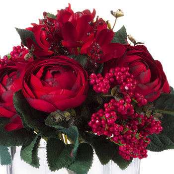 Mixed Red Silk Ranunculus Flower in  Cube Glass Vase With Faux Water