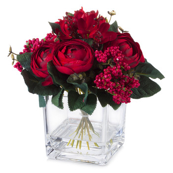 Mixed Red Silk Ranunculus Flower in  Cube Glass Vase With Faux Water