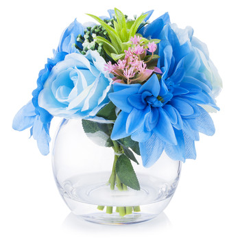  Mixed Blue Silk Rose and Dahlia Flower Arrangement in Clear Glass Vase With Faux Water