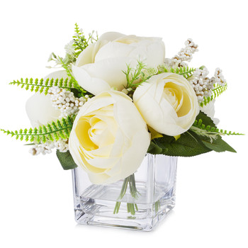  Mixed Cream Silk Peony Flower in  Cube Glass Vase With Faux Water
