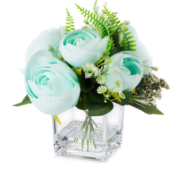 Mixed Azure Silk Peony Flower in  Cube Glass Vase With Faux Water