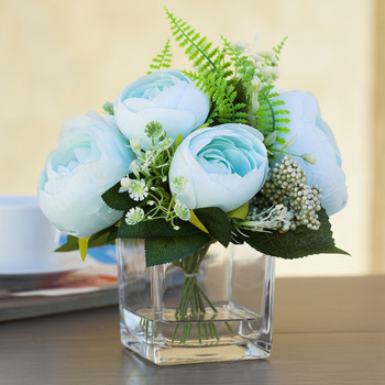 Mixed Azure Silk Peony Flower in  Cube Glass Vase With Faux Water