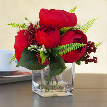 Mixed Red Silk Peony Flower in  Cube Glass Vase With Faux Water