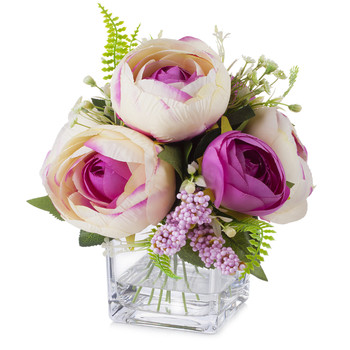 Mixed Purple Beige Silk Peony Flower in  Cube Glass Vase With Faux Water