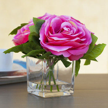4 Large Heads Pink Red Velvet Rose Flower in  Cube Glass Vase With Faux Water