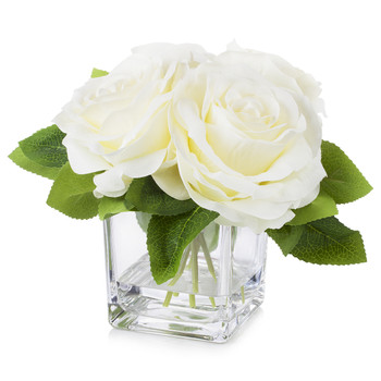 4 Large Heads Cream Velvet Rose Flower in  Cube Glass Vase With Faux Water