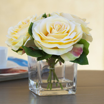 4 Large Heads Beige Velvet Rose Flower in  Cube Glass Vase With Faux Water