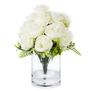 18 Heads Cream Silk Rose Flower in Clear Glass Vase With Faux Water