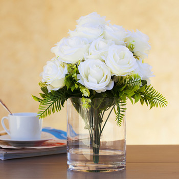 18 Heads Cream Silk Rose Flower in Clear Glass Vase With Faux Water