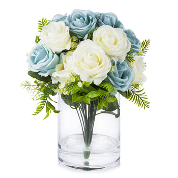 18 Heads Blue Cream Silk Rose Flower in Clear Glass Vase With Faux Water