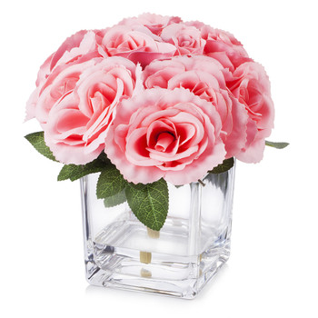Pink Velvet Rose Flower Arrangement  in Cube Glass Vase With Faux Water